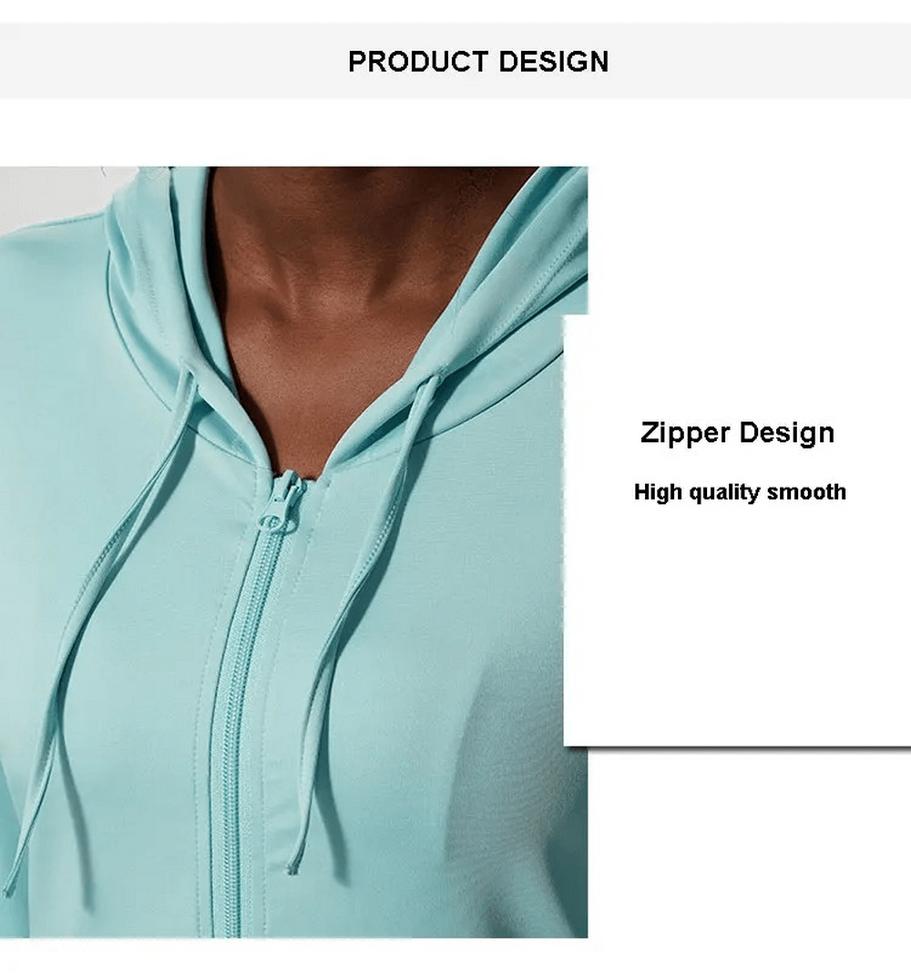 Close-up of a women's athletic hoodie with smooth zipper design, highlighting quality and style in a light blue tone.